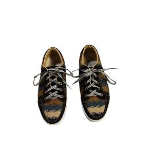 Passeri Artesano Sneakers Brown Blue Wave Pattern Canvas Lace Up Shoes‎